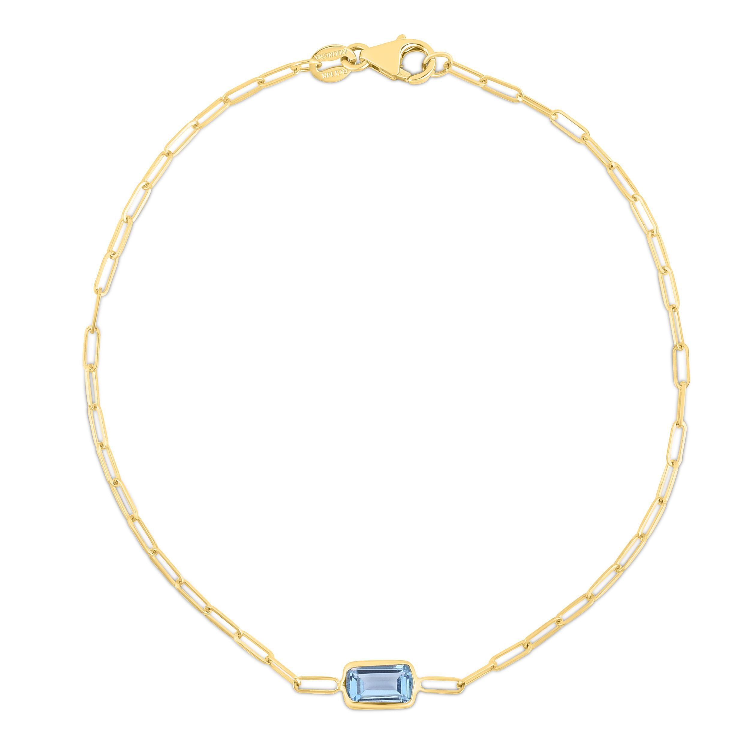 14kt Gold Blue Topaz Paperclip Chain Bracelet