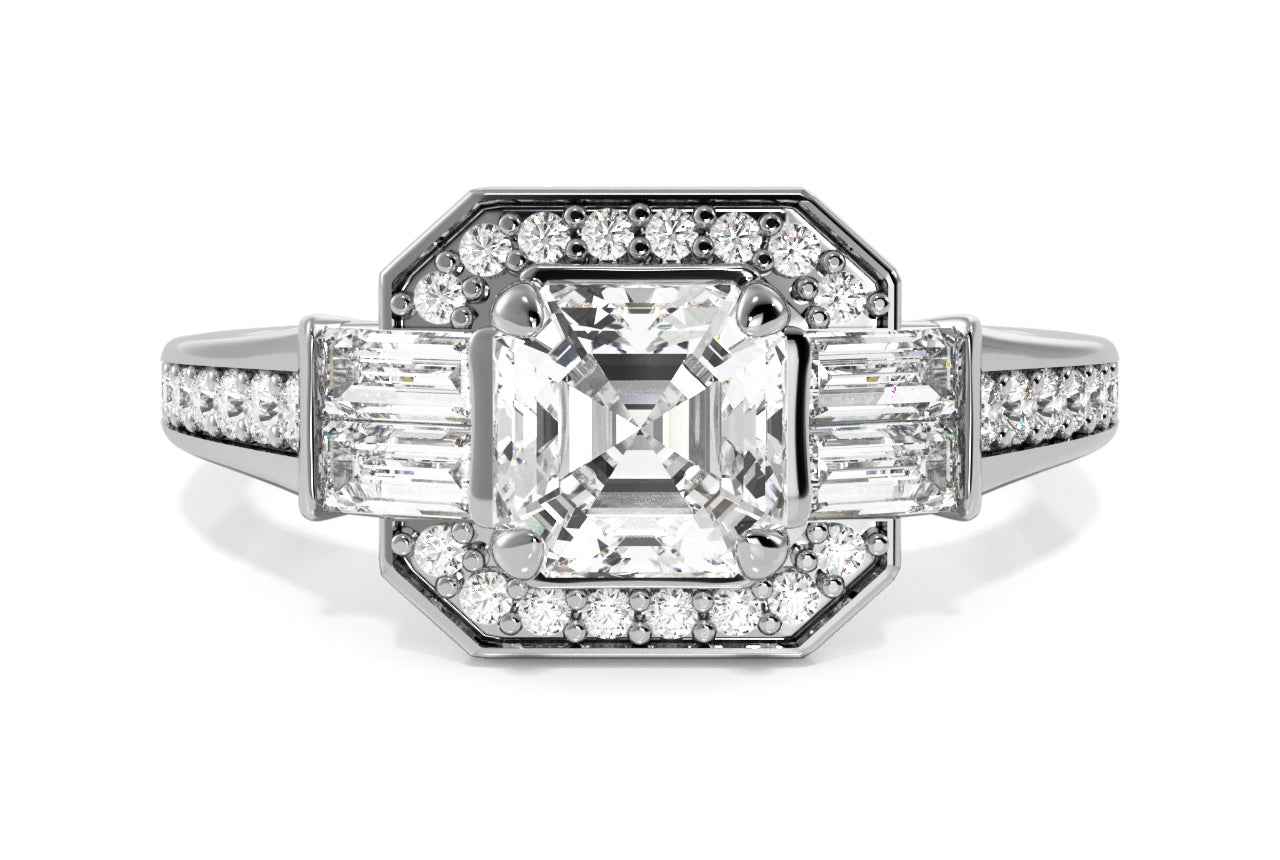 Vintage Baguette Halo Diamond Engagement Ring / 0.72 Carat Asscher Diamond