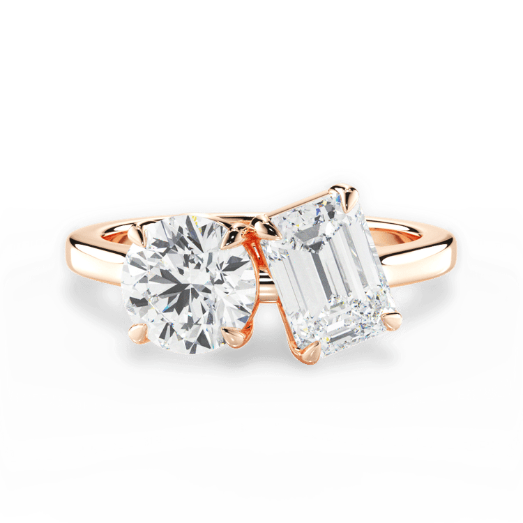 Two Stone Round Lab Diamond Engagement Ring / 0.75 Carat Emerald Diamond