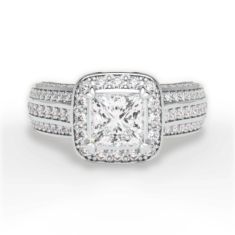 Masterwork Cushion Halo Triple Diamond Band Engagement Ring With Surprise Diamonds / 1.51 Carat Princess Lab Diamond