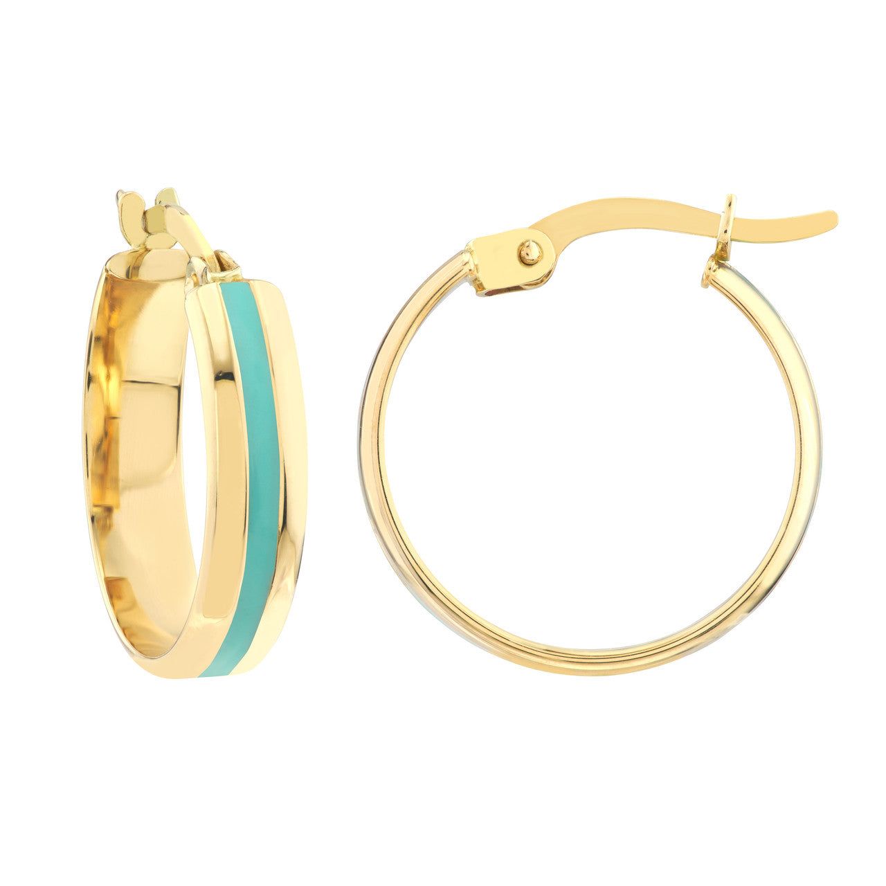 14kt Gold 15X4mm Turquoise Enamel Round Hoops