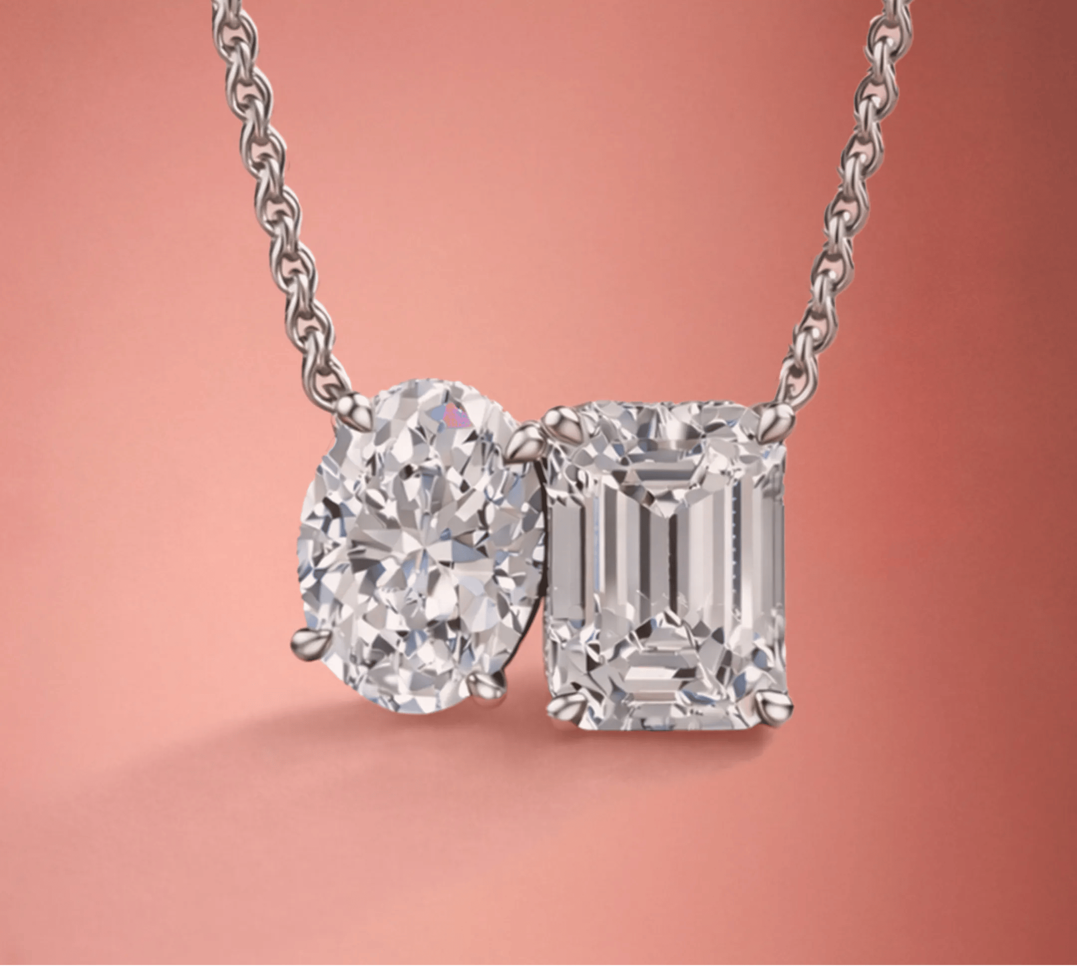 two Stone white gold pendant with Oval and Emerald Center stones in White Gold