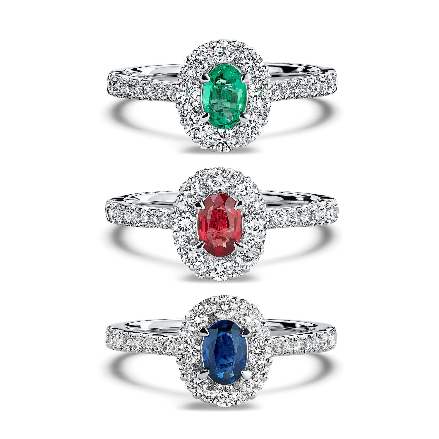 emerald, ruby and sapphire engagement rings