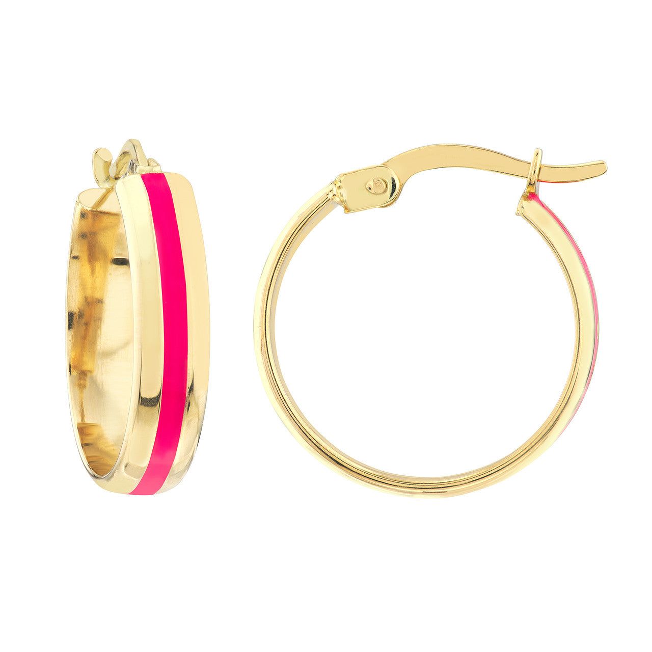 14kt Gold 15X4mm Neon Pink Enamel Round Hoops
