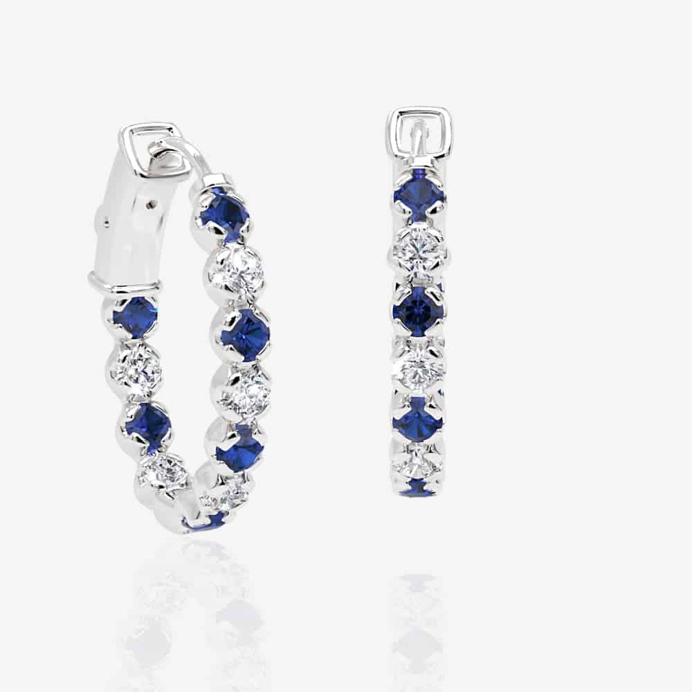 Oval Shaped Blue Sapphire & Diamond Eternity Hoops, 1.0 Inch