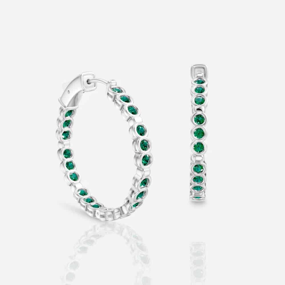 Bezel Set Emerald Eternity Hoop Earrings, 1.0 Inch