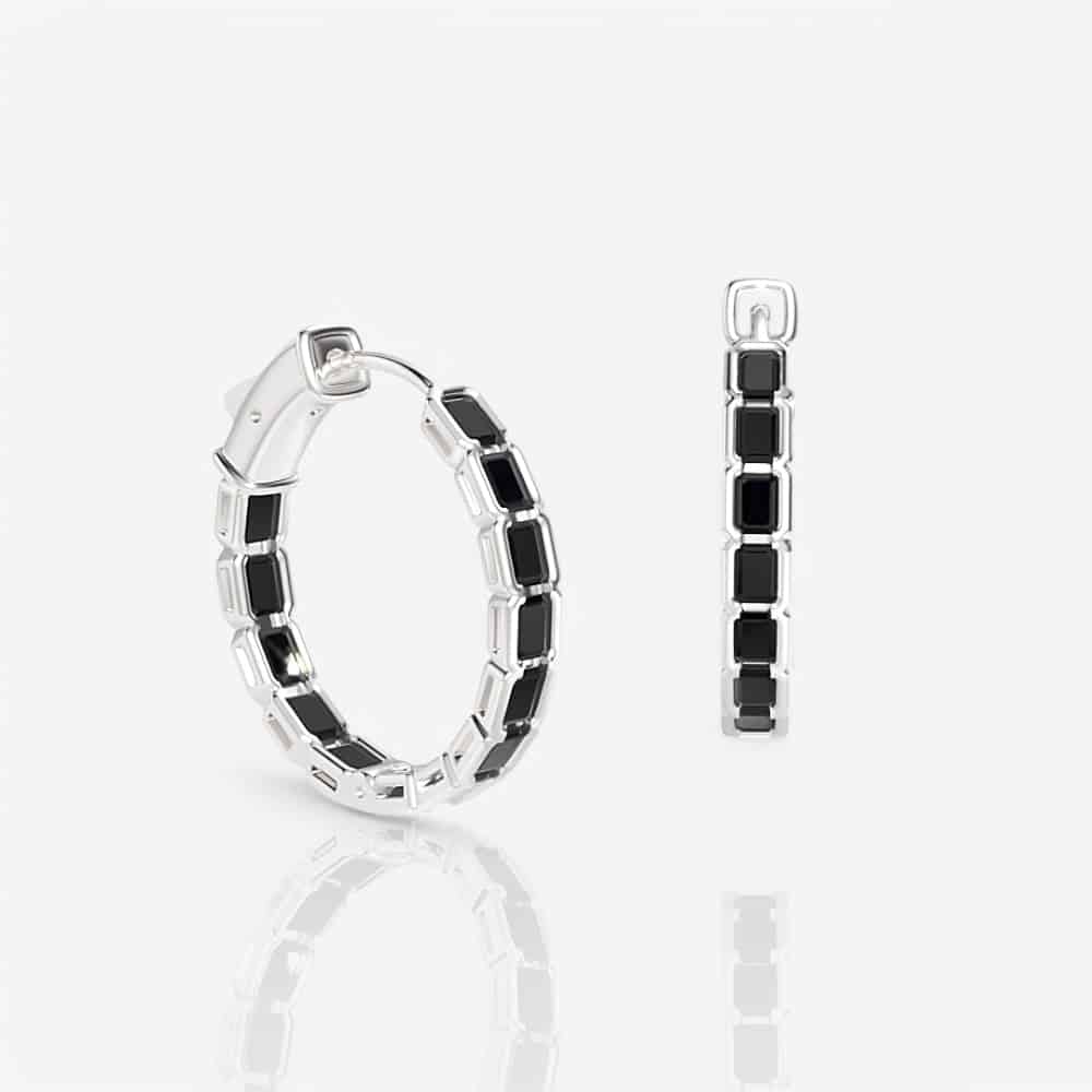 Half Bezel Emerald-Cut Black Diamond Hoop Earrings, 21mm