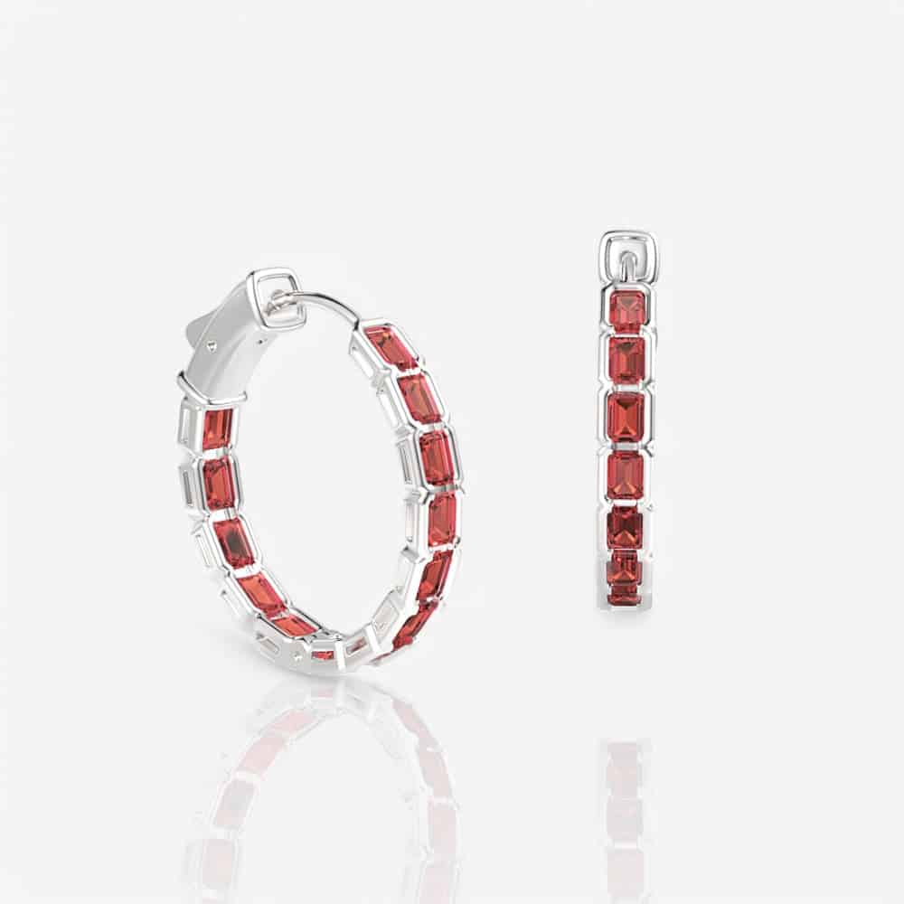 Half Bezel Emerald-Cut Ruby Hoop Earrings, 21mm