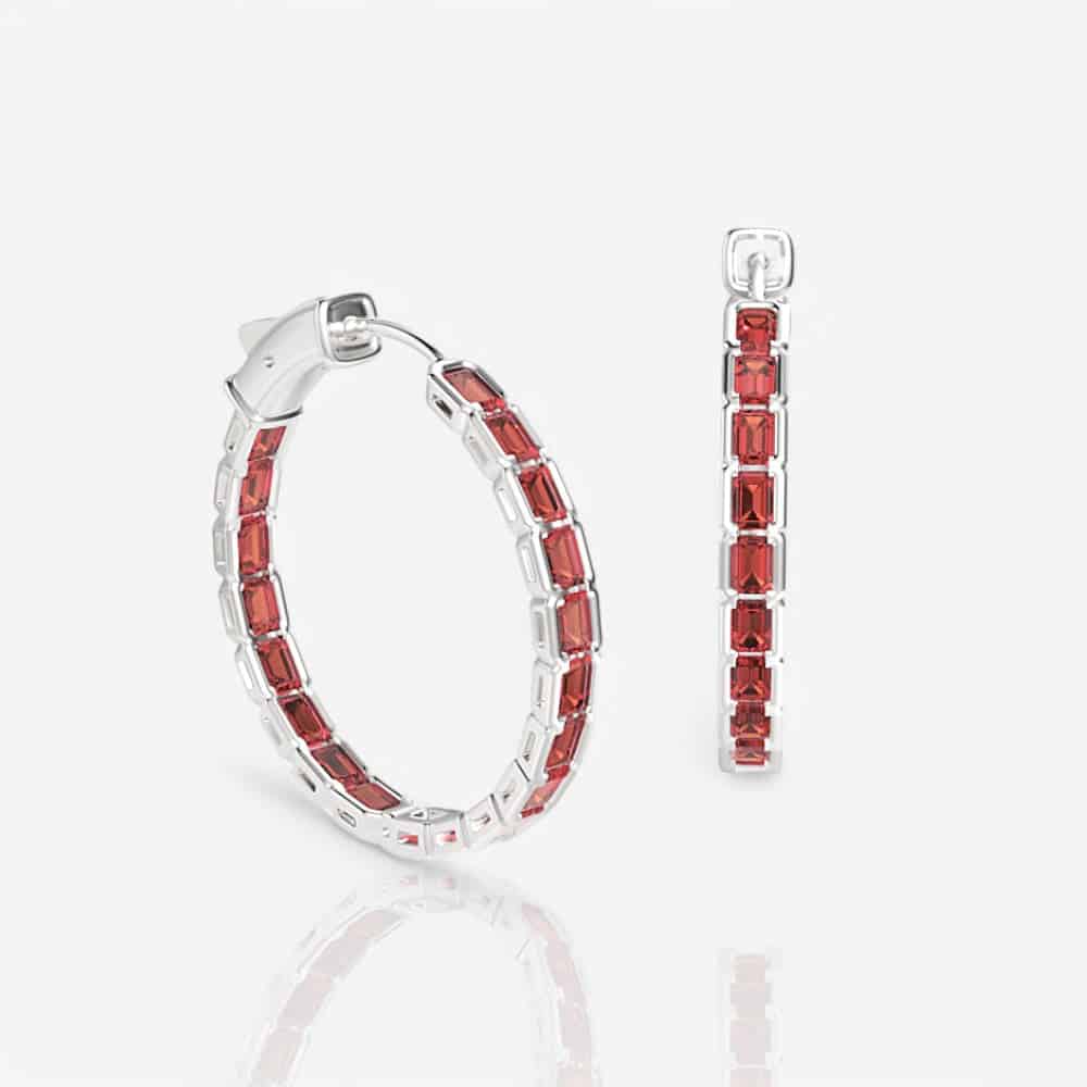 Half Bezel Emerald-Cut Ruby  Hoop Earrings, 1.0 in.
