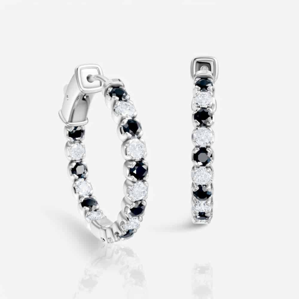 Alternating Black & White Diamond Eternity Hoop Earrings, 0.75 Inch