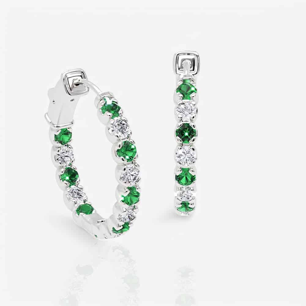 Diamond and Emerald Eternity Hoop Earrings, 0.75 Inch