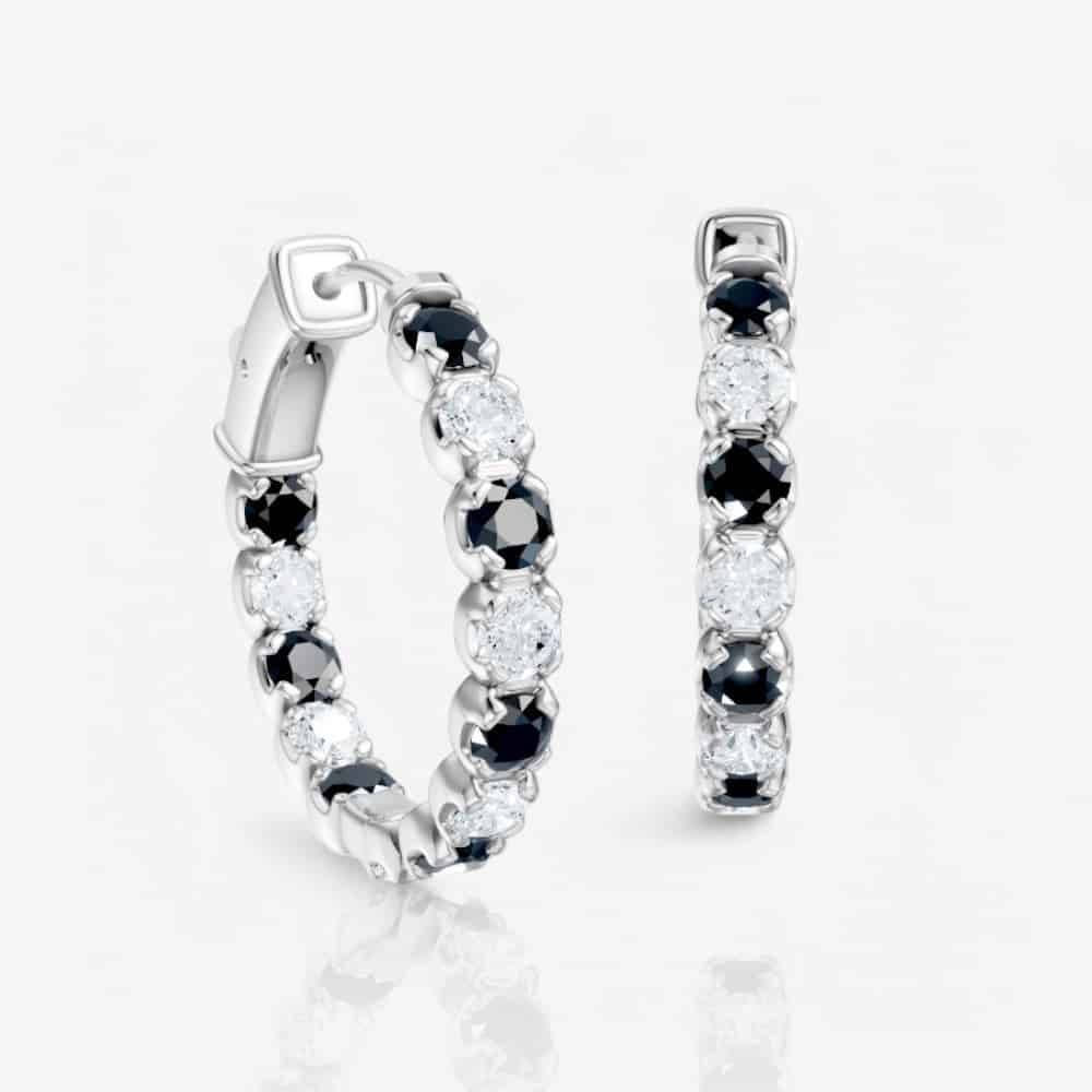 Alternating Black & White Diamond Eternity Hoop Earrings, 0.75 Inch