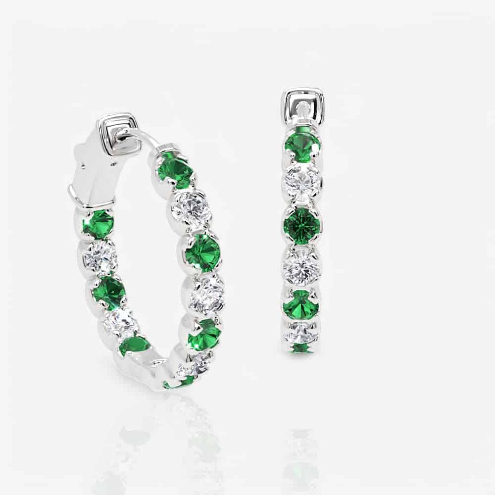 Diamond and Emerald Eternity Hoop Earrings, 0.75 Inch