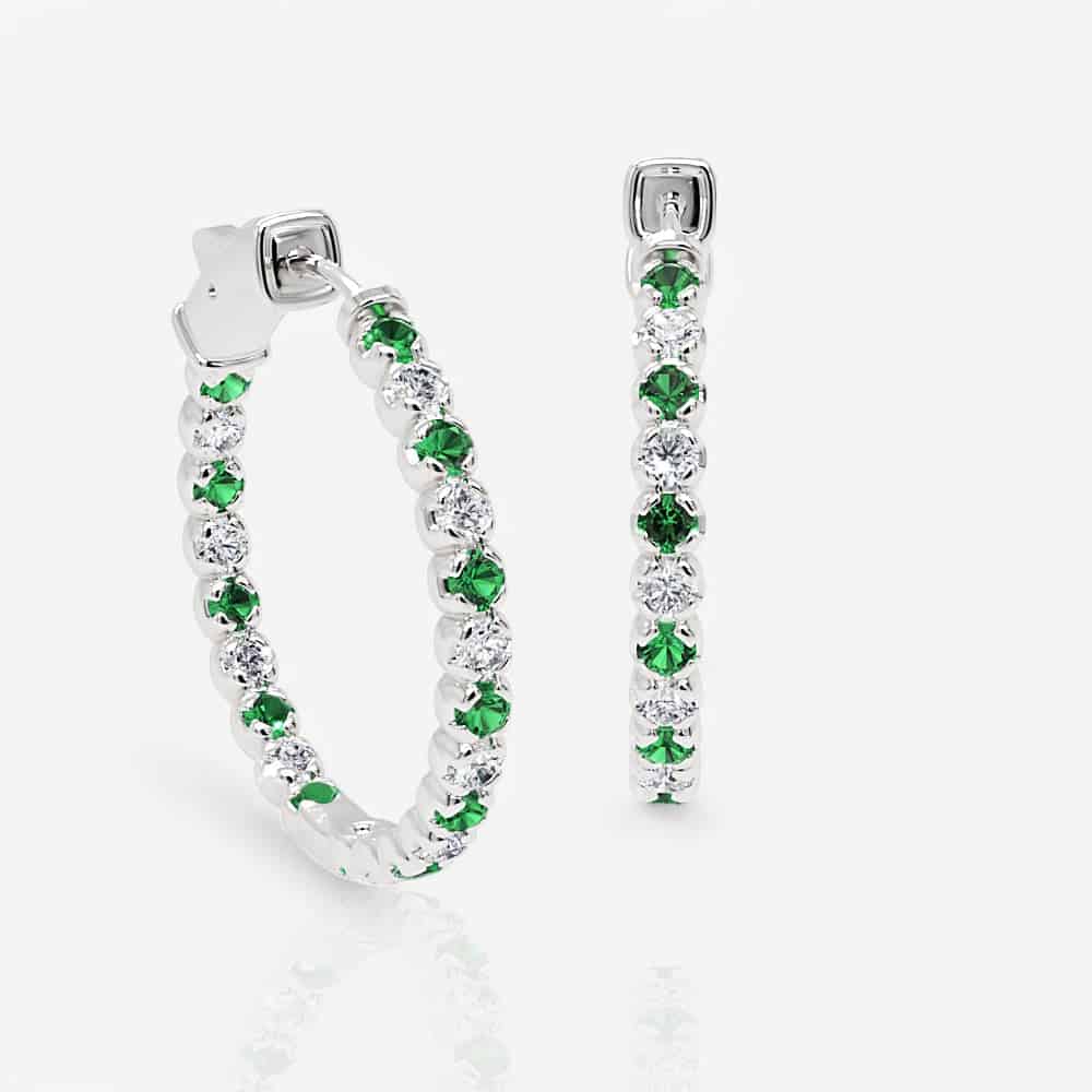 Diamond and Emerald Eternity Hoop Earrings, 1.00 Inch