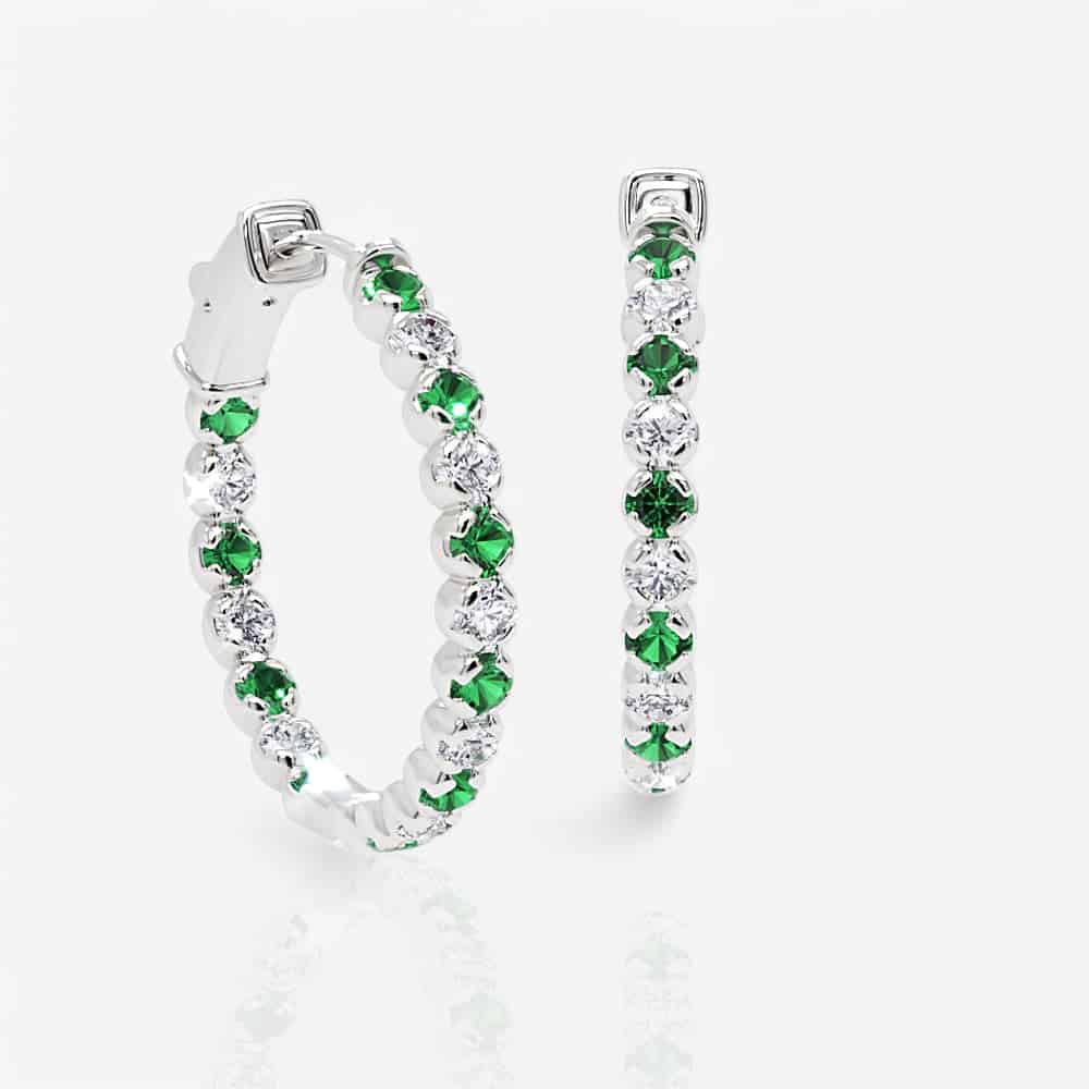 Diamond and Emerald Eternity Hoop Earrings, 1.00 Inch
