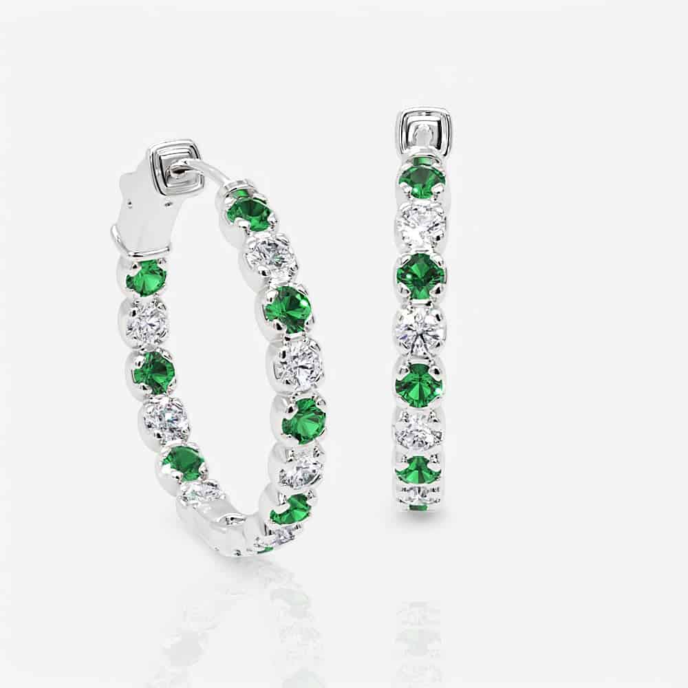 Diamond and Emerald Eternity Hoop Earrings, 1.00 Inch