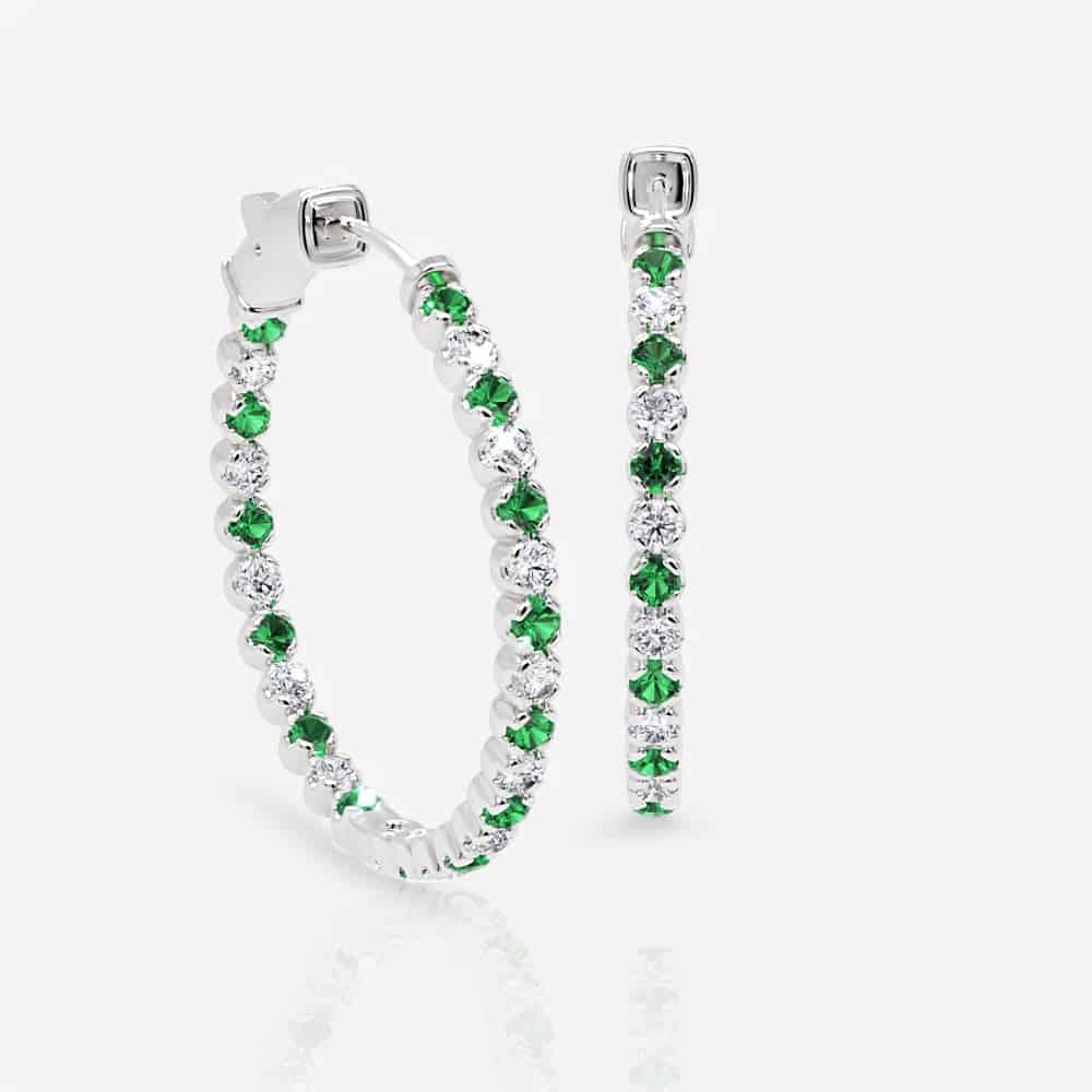 Diamond and Emerald Eternity Hoop Earrings, 1.25 Inch