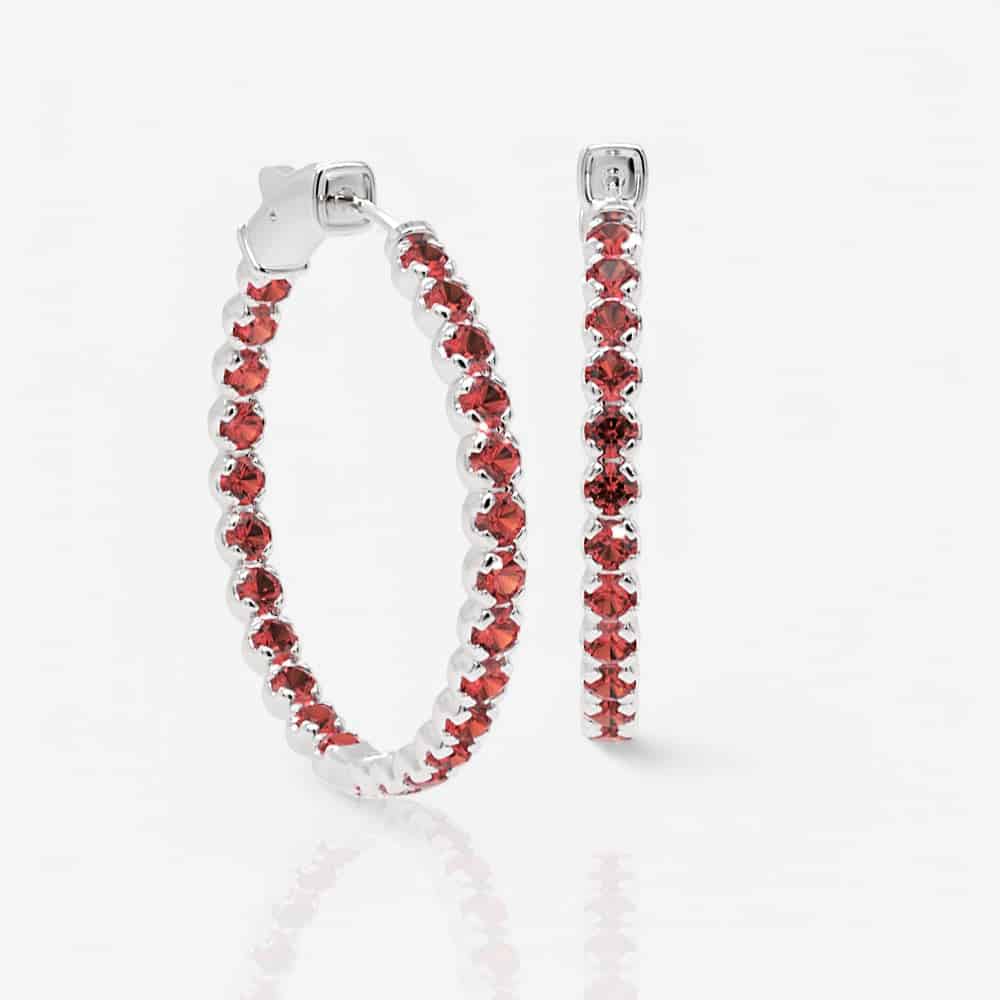 Ruby Eternity Hoop Earrings, 1.25 Inch
