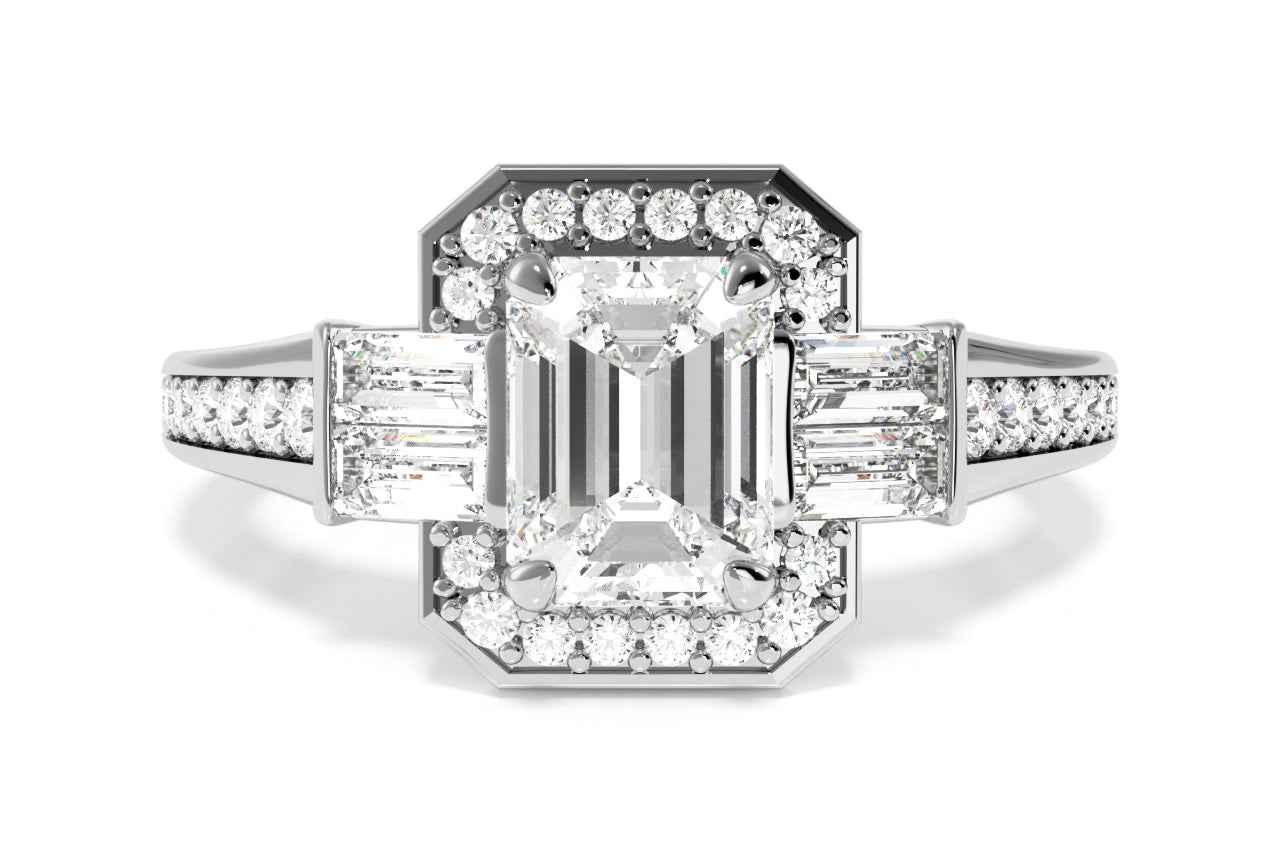 Vintage Baguette Halo Diamond Engagement Ring / 1.50 Carat Emerald Lab Diamond