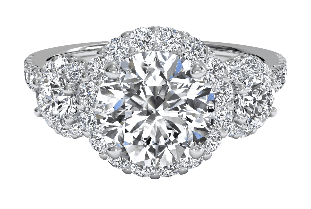 Three-stone Halo Diamond Engagement Ring / 1.50 Carat Round Lab Diamond