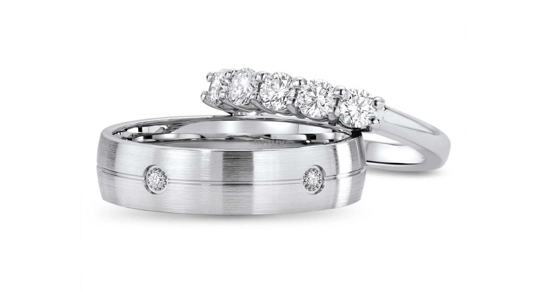 an image of a mens diamond wedding band and women's five stone diamond ring.