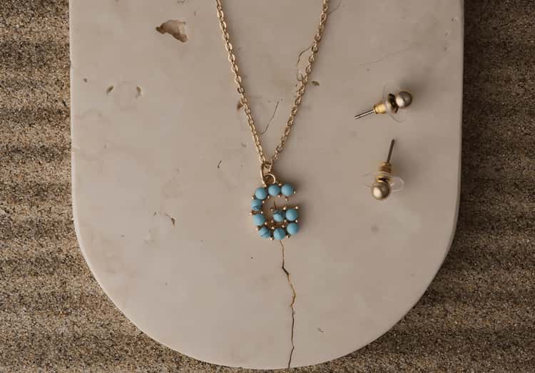 Gold Plated Turquoise Stone Initial Necklace & Stud Set