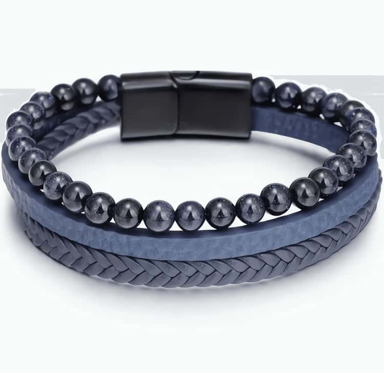 Men's Leather & Gemstone Bracelet - Blue
