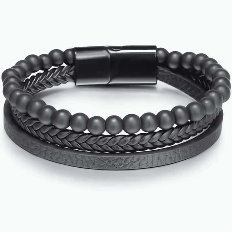 Men's Leather & Gemstone Bracelet - Black