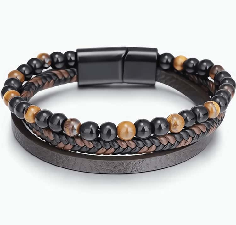 Men's Leather & Gemstone Bracelet - Brown