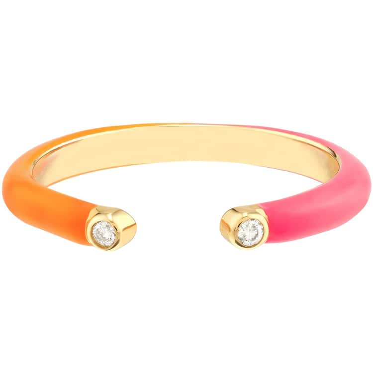 14kt Gold 0.03 CTW Diamond Cuff Ring with Pink & Orange Enamel