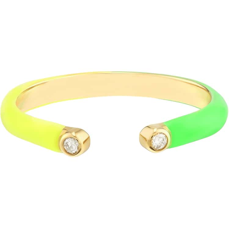 14kt Gold 0.03 CTW Diamond Cuff Ring with Green & Yellow Enamel