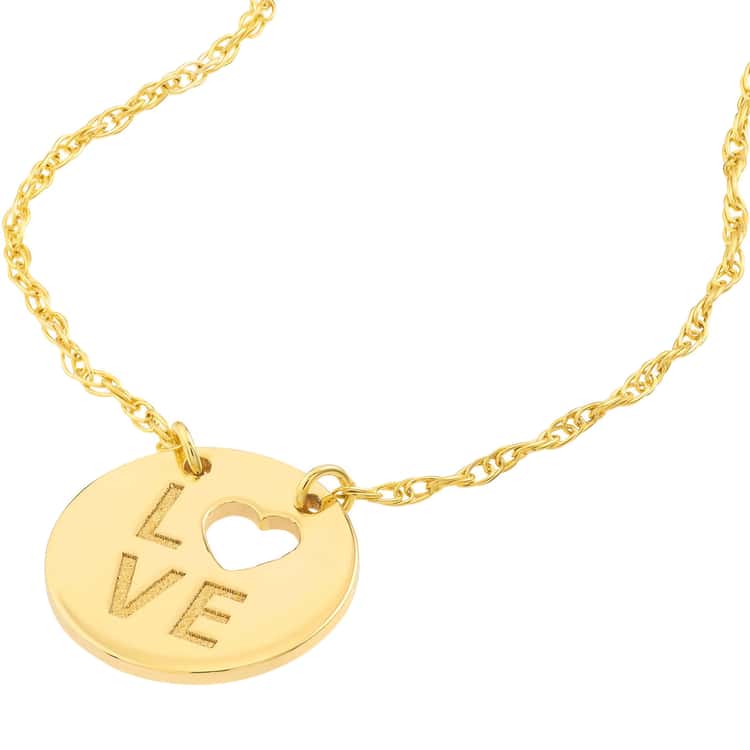 14kt Gold Cutout Heart/Love Mini Disc Necklace