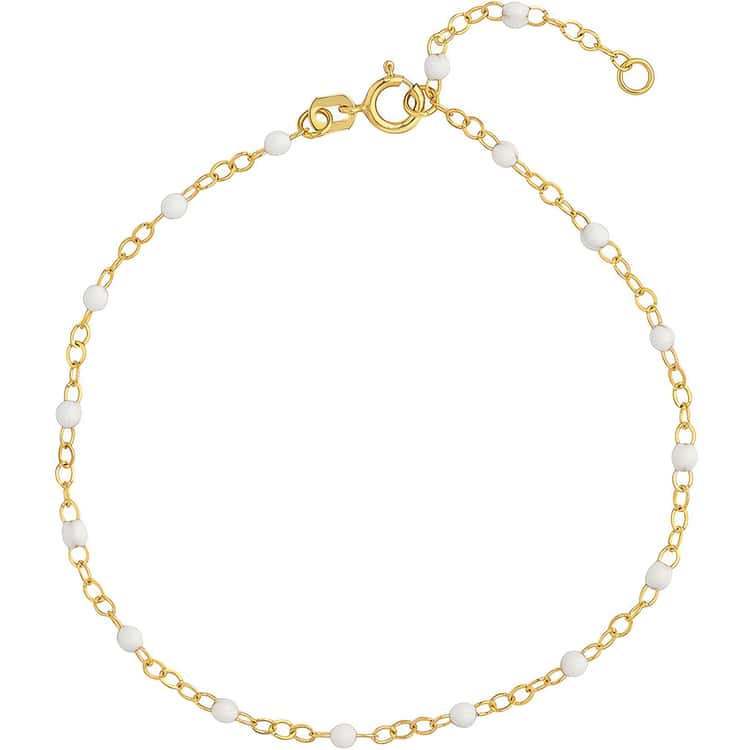 14kt Gold White Enamel Bead on Piatto Chain Bracelet