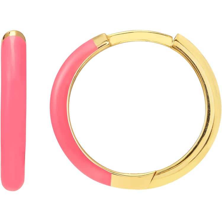 14kt Gold 11x2mm 1/2 Neon Pink Enamel 1/2 Polished Hoops