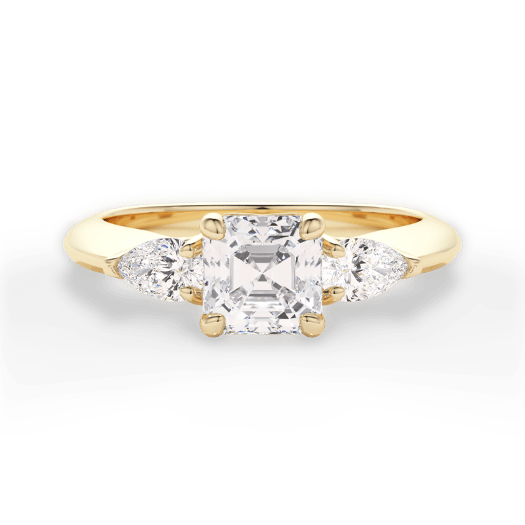 The Ava Asscher Cut 18kt Yellow Gold Three Stone Diamond Engagement Ring With Pear Shaped Side Diamonds