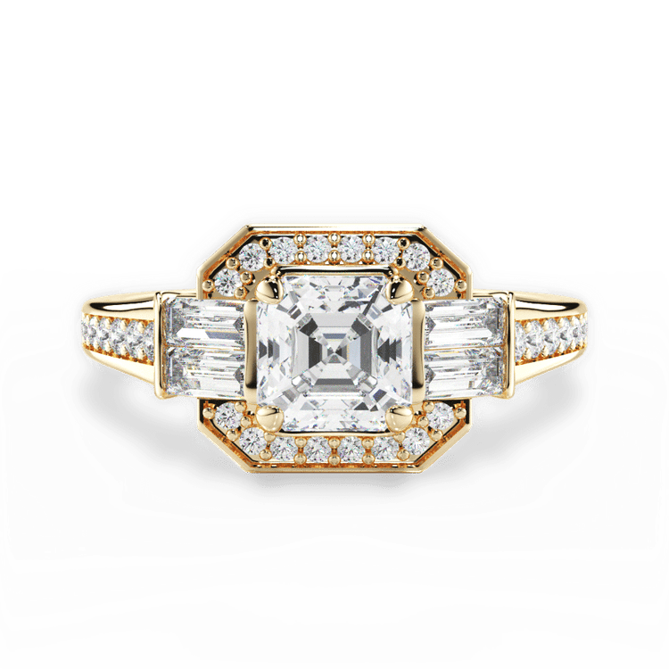 The Ada Asscher Cut 18kt Yellow Gold Vintage Baguette Halo Diamond Engagement Ring