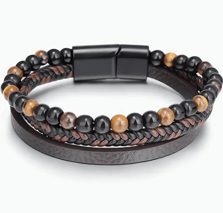 Men's Leather & Gemstone Bracelet - Brown