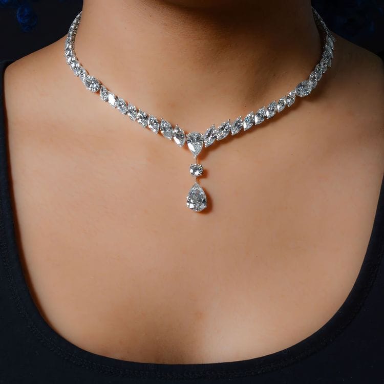 54.00 CTTW Marquise, Pear and Oval Lab Diamond Drop Necklace in 18kt White Gold