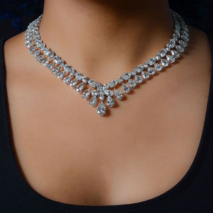 109.10 CTTW Lab Diamond Drop Mixed Shape Couture Statement Necklace in 18kt White Gold