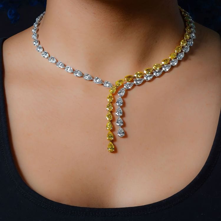 75.6 CTTW Yellow and White Pear Shaped Lab Diamond Drop Couture Statement Necklace  in 18kt White Gold