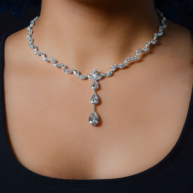 40.36 CTTW Pear and Marquise Lab Diamond Drop Couture Statement Necklace in 18kt White Gold