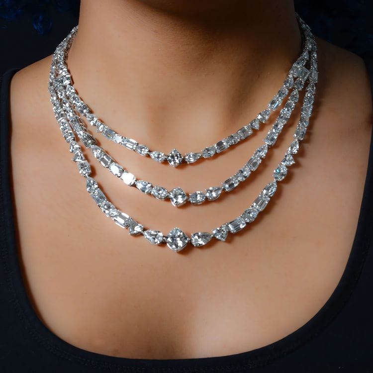 150.16 CTTW Three Row Lab Diamond Mixed Shape Statement Necklace in 18kt White Gold