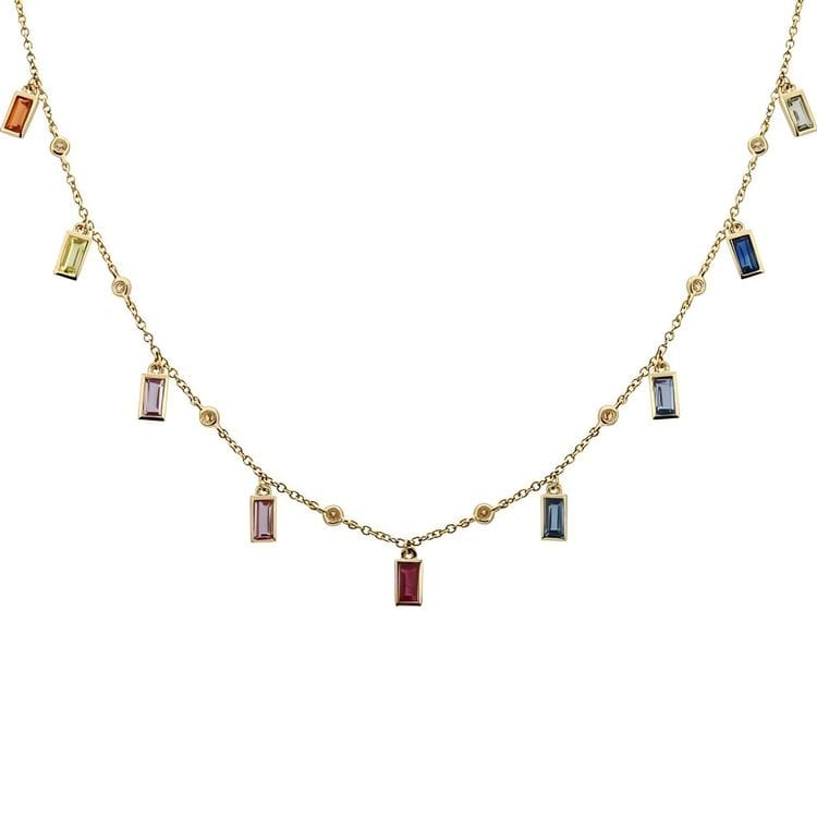 14kt Yellow Gold 1.33 CTW Diamond & Multi-Colored Sapphire Dangle Station Necklace