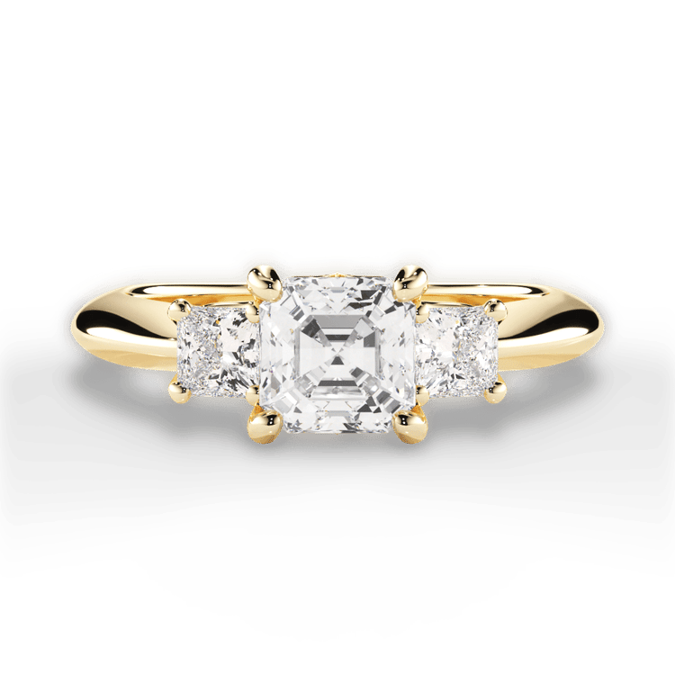 The Ellie Asscher Cut 18kt Yellow Gold Three Stone Diamond Engagement Ring With Princess Cut Side Diamonds