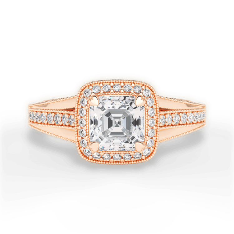 The Cecile Asscher Cut 18kt Rose Gold Masterwork Cushion Halo Vaulted Milgrain Diamond Engagement Ring With Surprise Diamonds