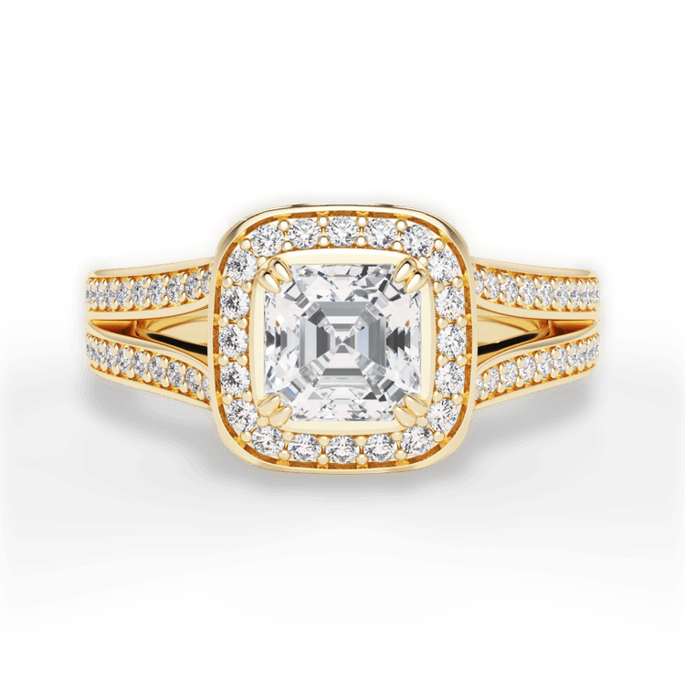 The Giulia Asscher Cut 18kt Yellow Gold Masterwork Cushion Halo Diamond V Band Engagement Ring