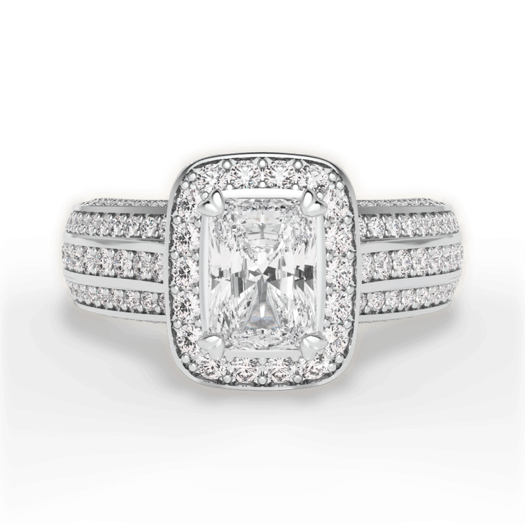 Masterwork Cushion Halo Triple Diamond Band Engagement Ring With Surprise Diamonds / 2.02 Carat Radiant Lab Diamond
