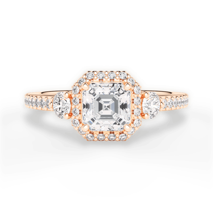 The Lina Asscher Cut 18kt Rose Gold Three Stone Halo Diamond Band Engagement Ring