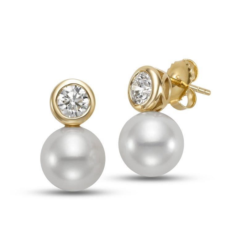 14kt Yellow Gold 9.5-10mm Freshwater Pearl & Bezel-Set Lab-Grown Diamond Earrings (1.00 CTW)