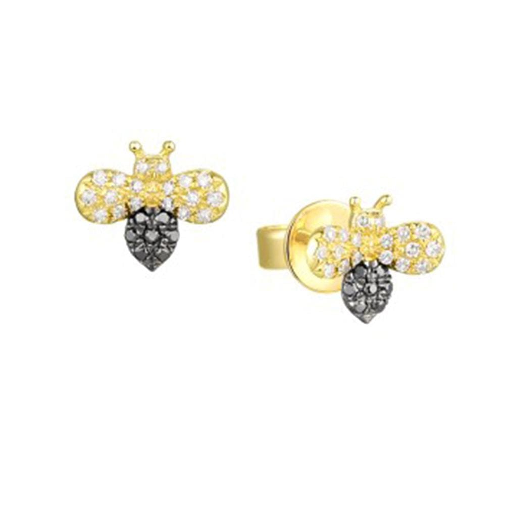 14kt Gold 0.12 CTW Black & White Diamond Bumble Bee Studs